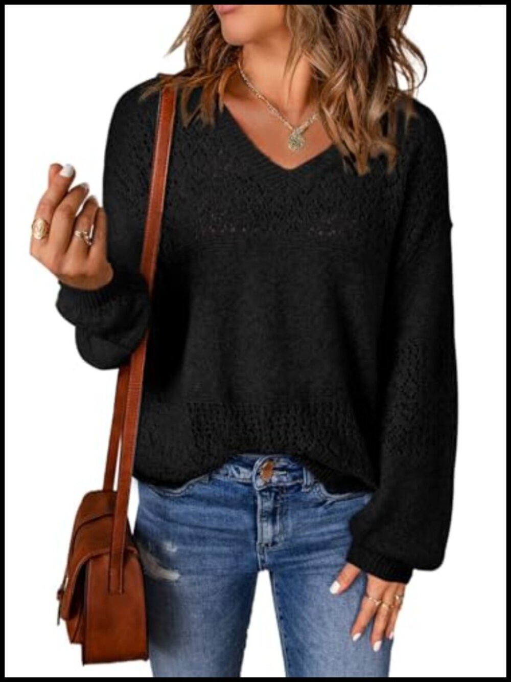Women's Lightweight Crochet Sweater Pullover Long Sleeve V Neck
